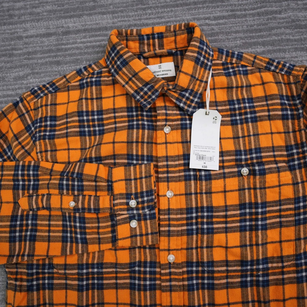 Mutual Weave Plaid Flannel Button Up Shirt Men Orange Navy Blue New Tag Medium